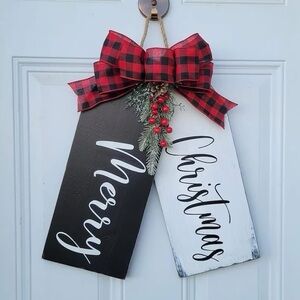 Handmade Holiday Door Hanger – Rustic Pinewood Tags with Bow (Outdoor Safe)